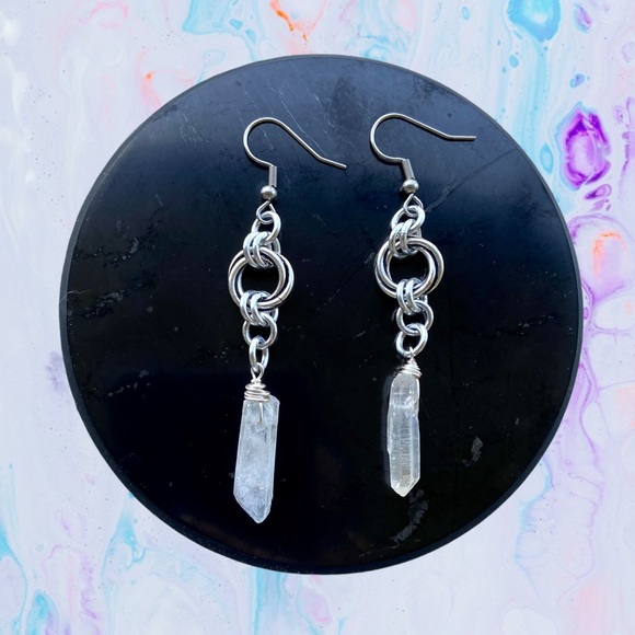 Quartz dangly earrings. Handmade twisted celtic hoop & angel aura crystal quartz - Picture 10 of 15